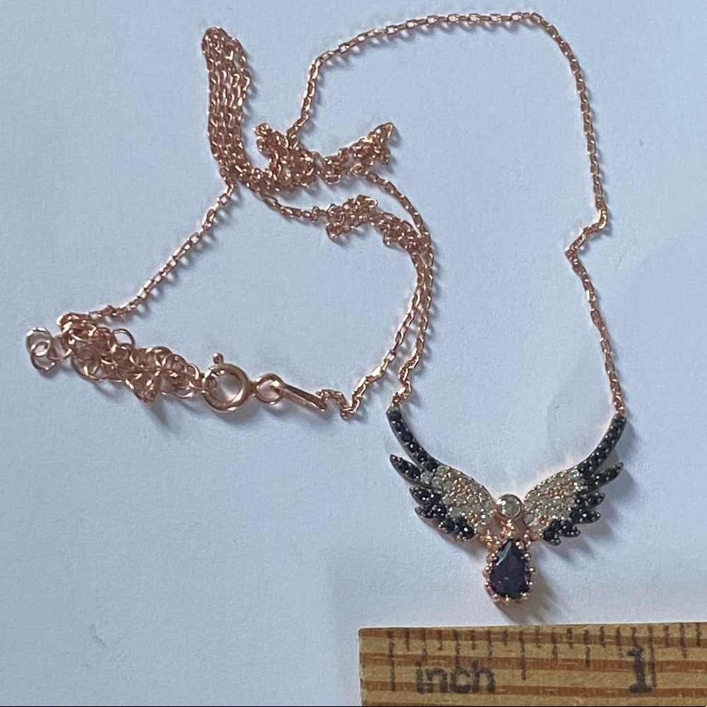 925 Silver angel wing necklace cz rose gold plated with big purple stone wings - Picture 5 of 7